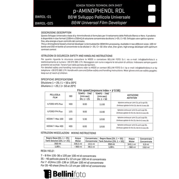 Bellini BW RDL One Shot Sviluppo Negativo BN Confezione 100 ml Bellini BW RDL One Shot Sviluppo Negativo BN Confezione 100 ml